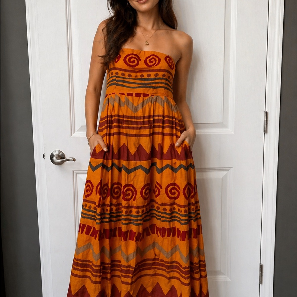 Ralph Lauren Strapless Maxi Dress in Rust, Maroon and Gray